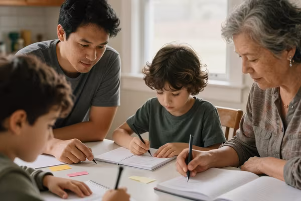 Family members exploring a learning activity together as part of Kingineering research